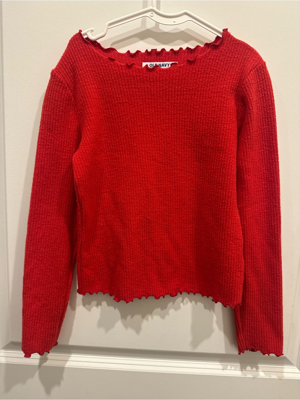Old Navy Bright Red Ribbed Lettuce-Edge Crewneck Sweater